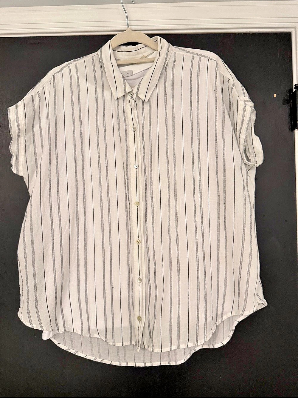 Eileen Fisher Puckered Organic Linen Stripe Short-Sleeve Shirt Striped Button